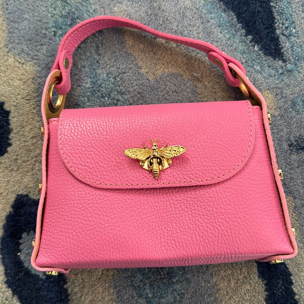 Vera Pelle Pink Italian Leather Mini Purse with Bee Detail